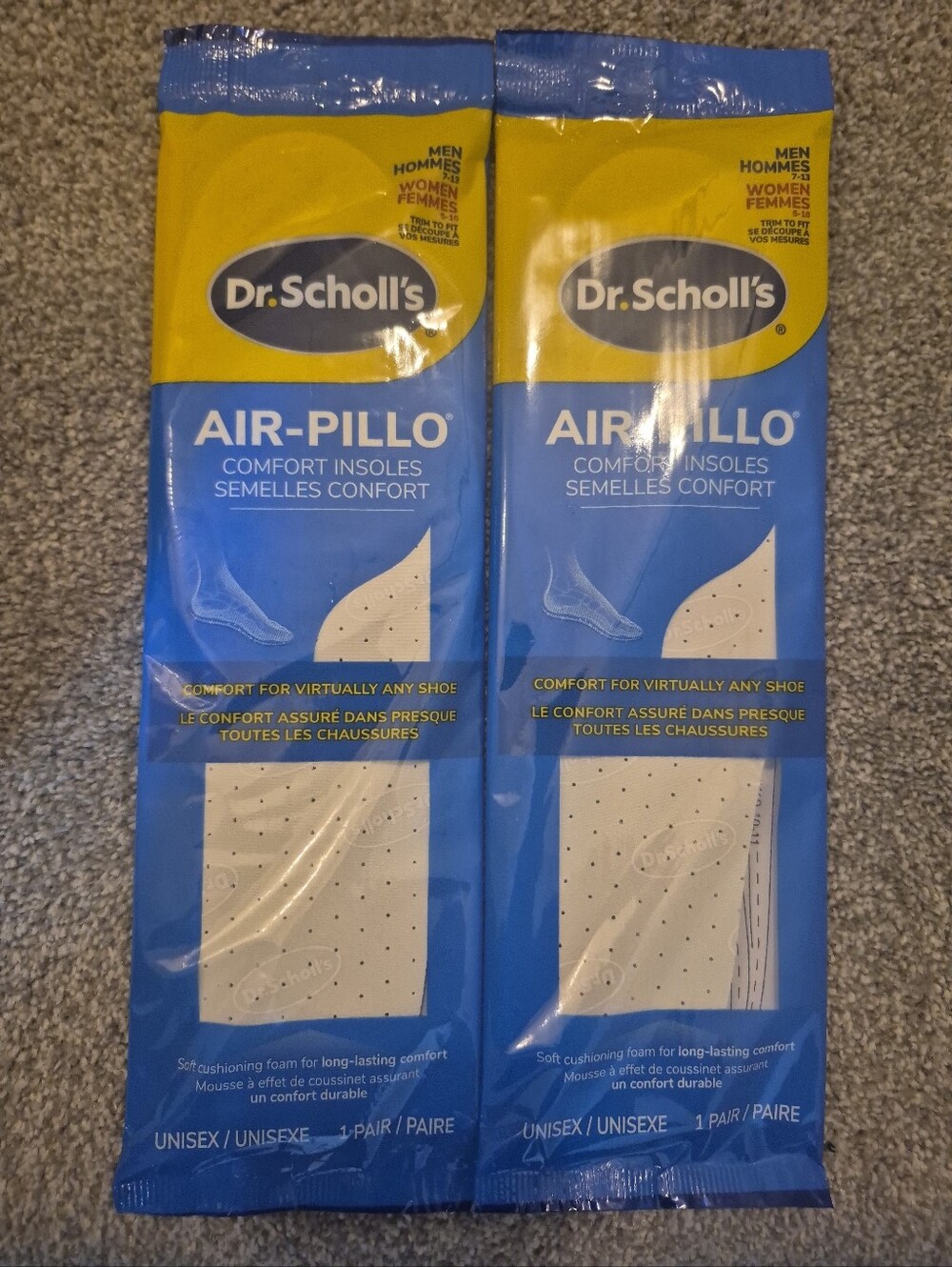 2 Pairs; Dr. Scholl's Air-Pillo Comfort Insoles Unisex Mens 7-13/Womens 5-10.